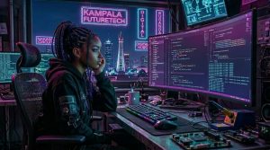 Young person with blue hair sitting at desk coding on dual monitors in neon-lit cyberpunk office